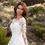 Lace V-Neck Embroidered Long-Sleeve A-Line Maxi Dress