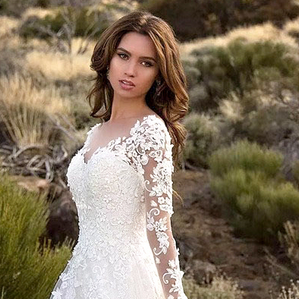 Lace V-Neck Embroidered Long-Sleeve A-Line Maxi Dress