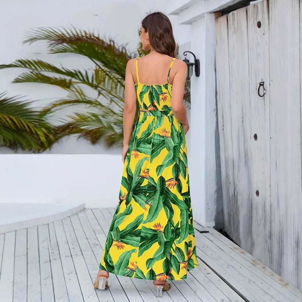 Women's Tropical Print Spaghetti Strap Midi Dress