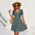 Women's Knitted Embroidered Hollow Out Cutout Cross Collar Elastic Waist A Line T Shirt Short Dress Women