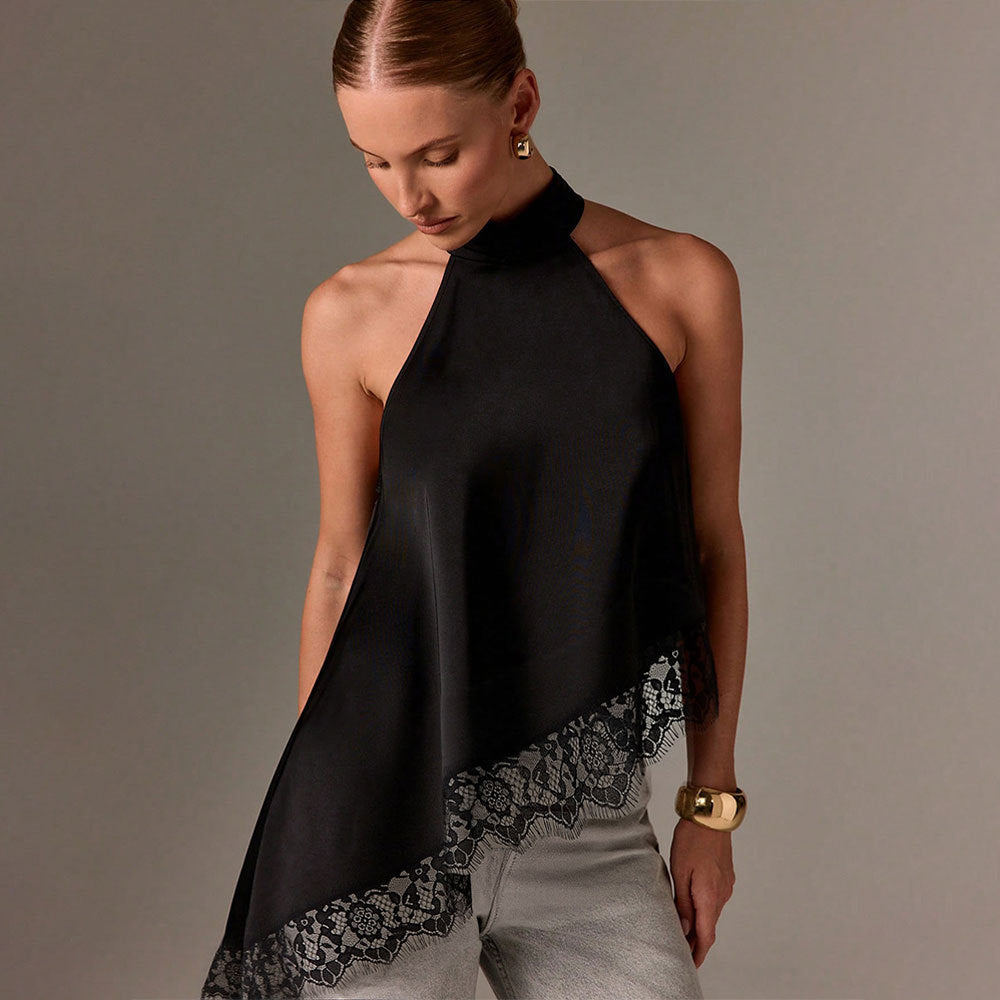Women's Satin Stitching Lace Vest Halter Sleeveless Small Stand Collar off Shoulder Irregular Asymmetric Top