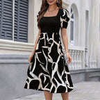 Graffiti Print Square-Neck Puff-Sleeve A-Line Midi Dress