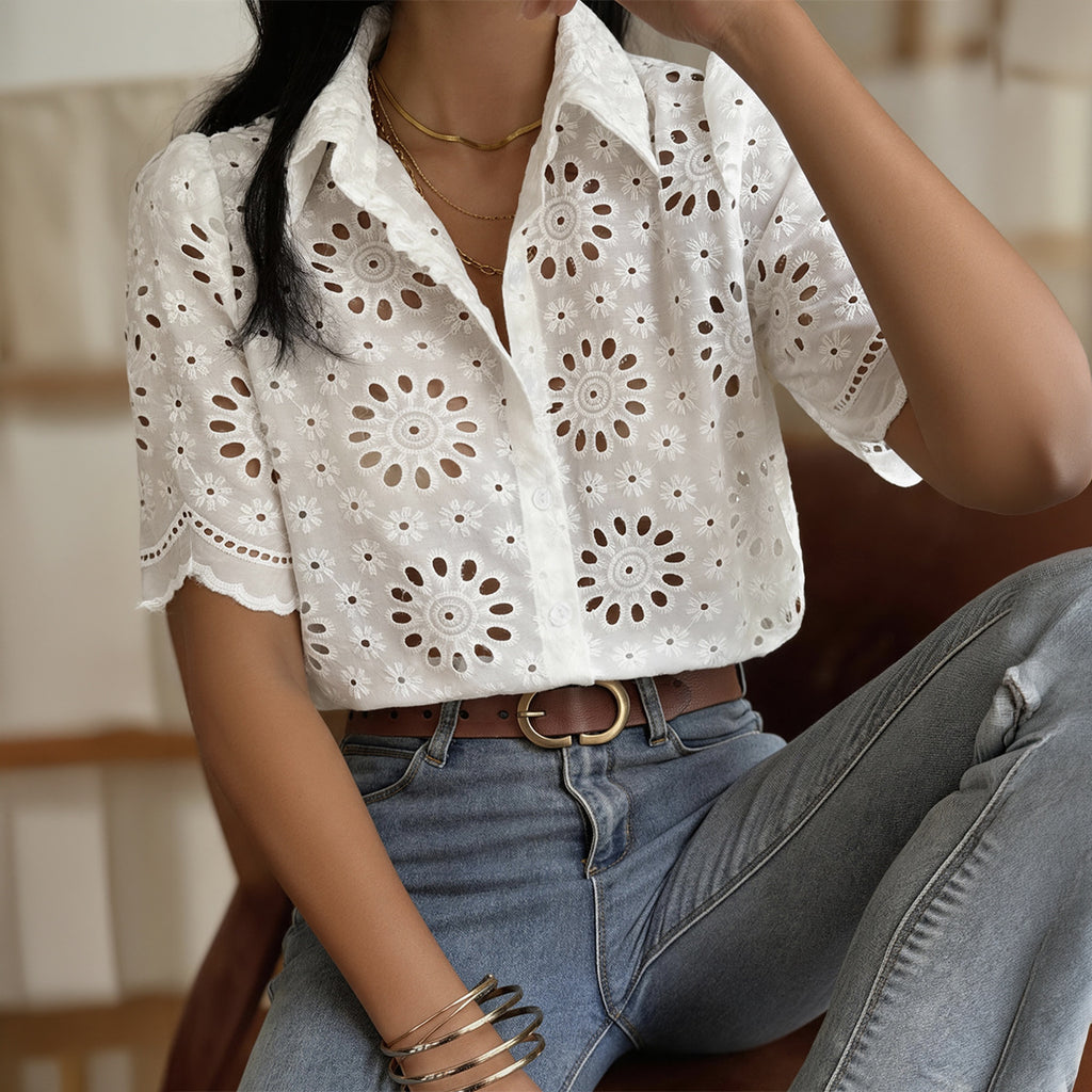 Bohemian Vacation Hollow Out CO Embroidered Shirt Women