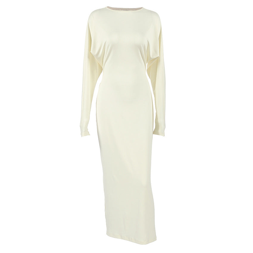 Crew-Neck Backless Cutout Long-Sleeve Bodycon Maxi Dress