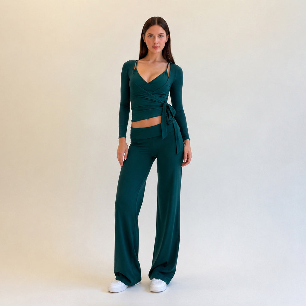 Women's V-Neck Top and Straight-Leg Pants Set