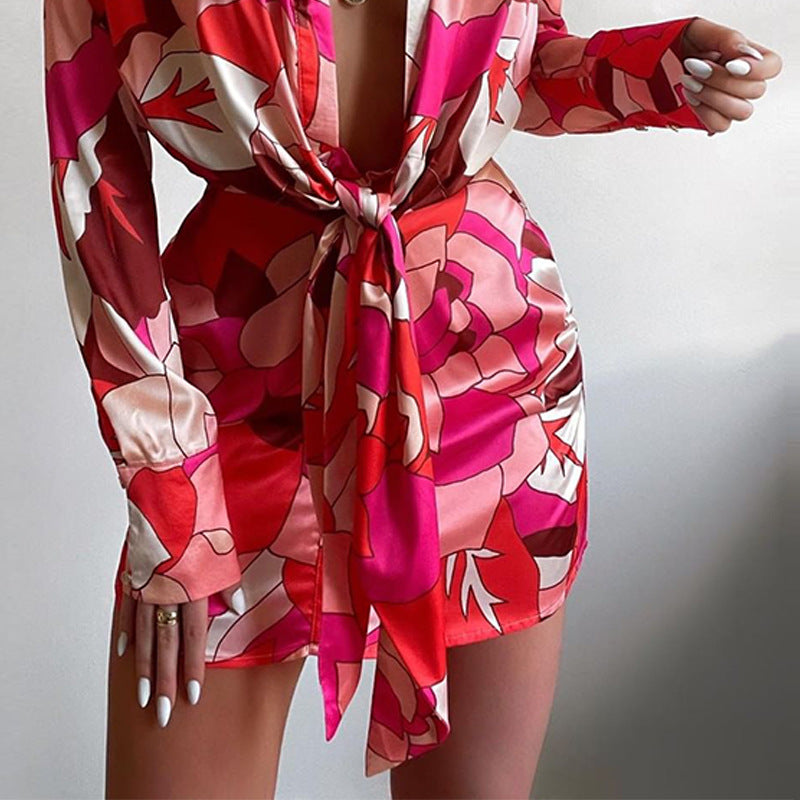 Women's Summer Collared Print Long Sleeve Narrow Dress