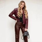 Retro Lapels Faux Leather Clothing Leather Coat Women Fall Winter Angora Red Western Jacket Women Clothing