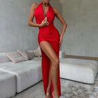 Sleeveless Halter Deep V Plunge Sexy High Slit Backless Sexy