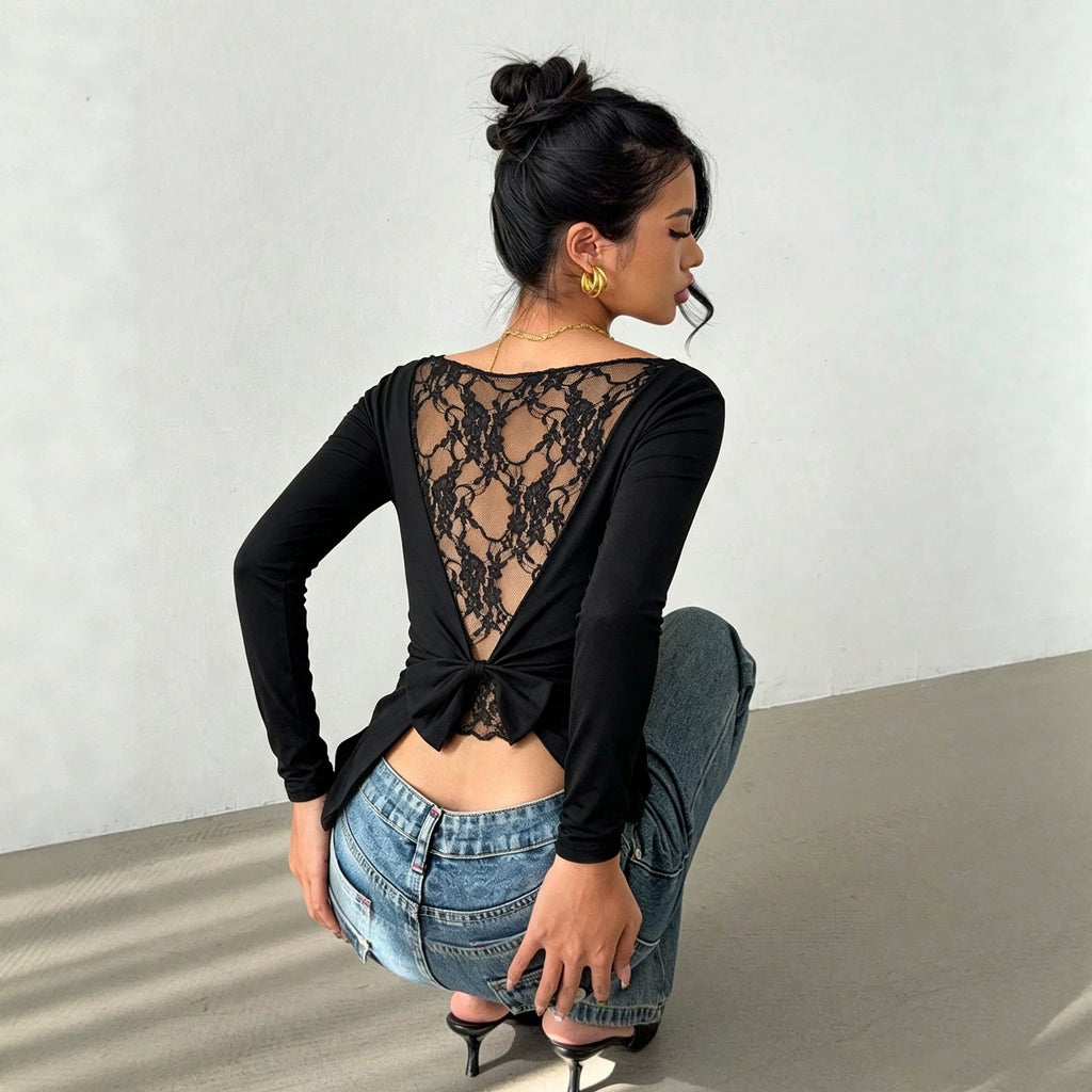Women's Off-Shoulder Lace Backless Long-Sleeve Top