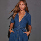 Retro V-Neck Lace-Up Denim Dress Maxi Fashionable French Elegant