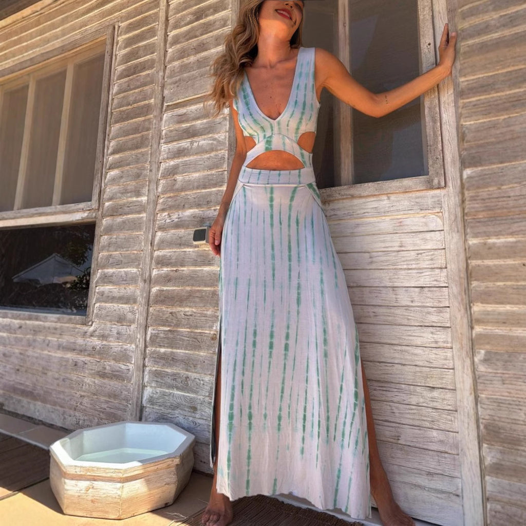 Summer Printed V-Neck Cropped Outfit Split Vest Long Dress