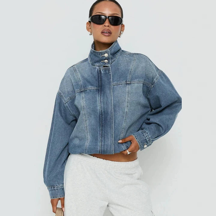 Retro Stand Collar Jacket Loose Wash Denim Women Long Sleeved Coat