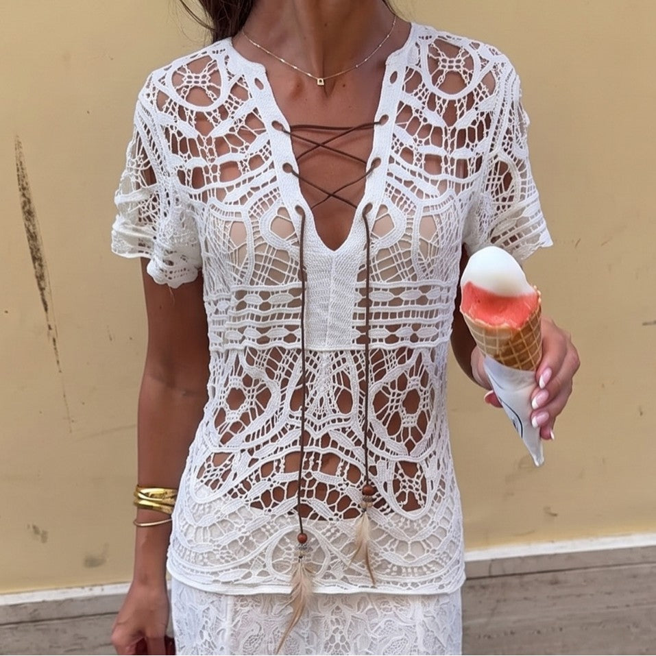 Women's Embroidered Lace-Up Beach Top
