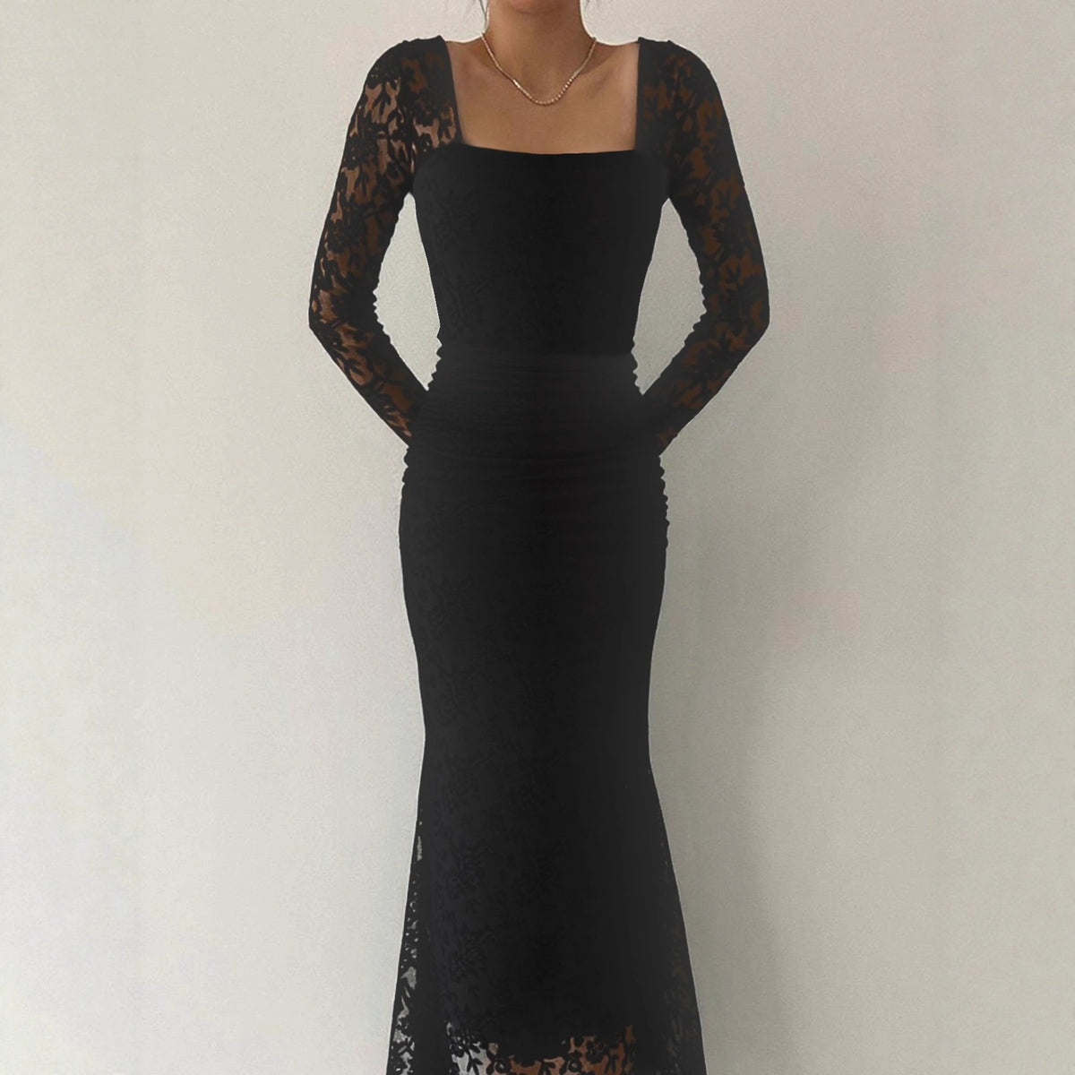 Autumn Winter Fashionable Elegant Lace Stitching Square Collar Slim Fit Pl