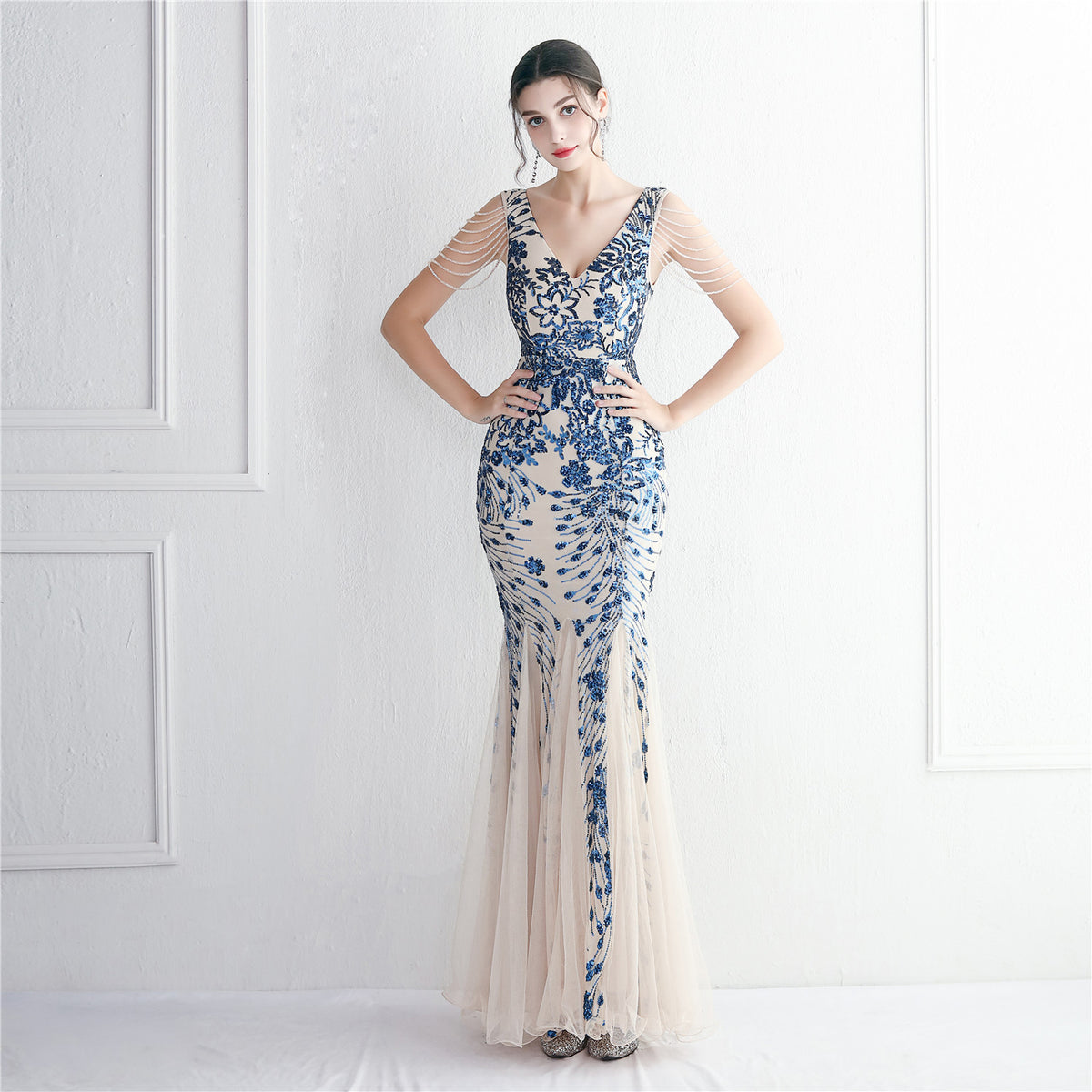 Women's Sequin Mesh Beaded Elegant Long Fishtail Sequin Sexy Dress