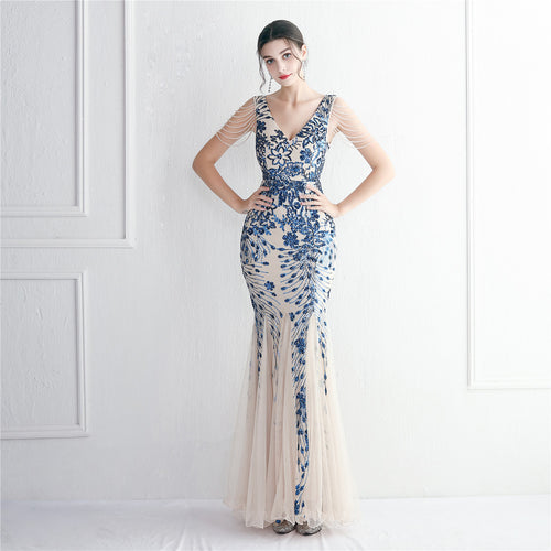 Women's Sequin Mesh Beaded Elegant Annual Meeting Long Fishtail Sequin Sexy Dress