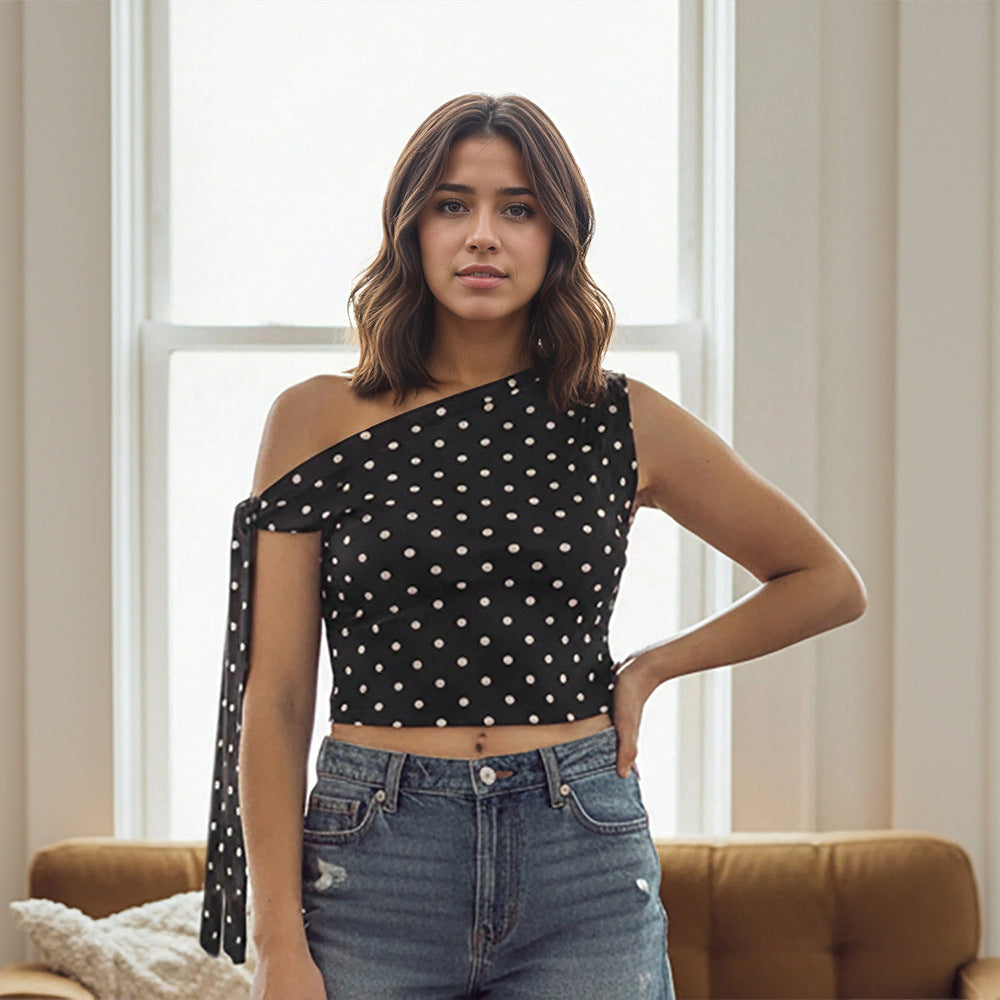 Women's Bow Shoulder Strap Design Black White Polka Dot One Shoulder Short Length Cropped Top
