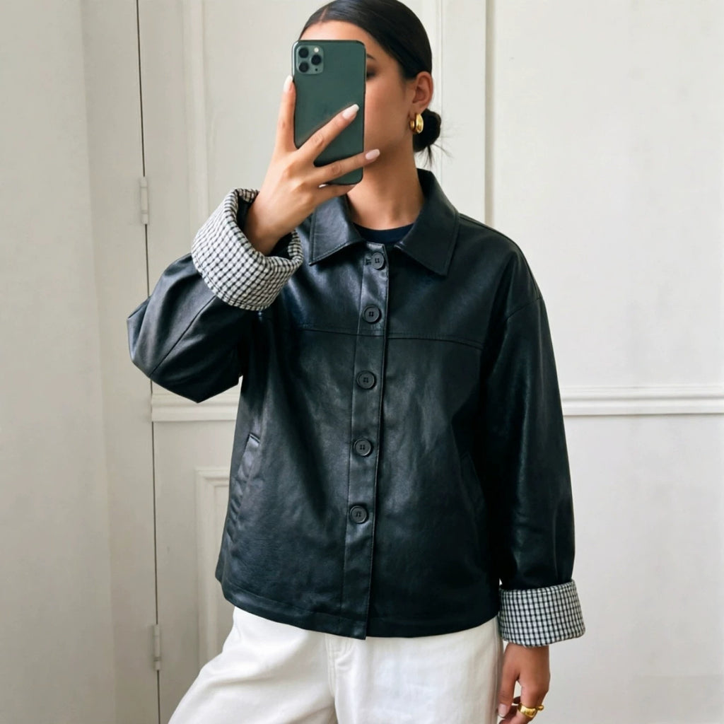 Faux Leather Plaid-Sleeve Motorcycle Jacket