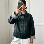Faux Leather Plaid-Sleeve Motorcycle Jacket