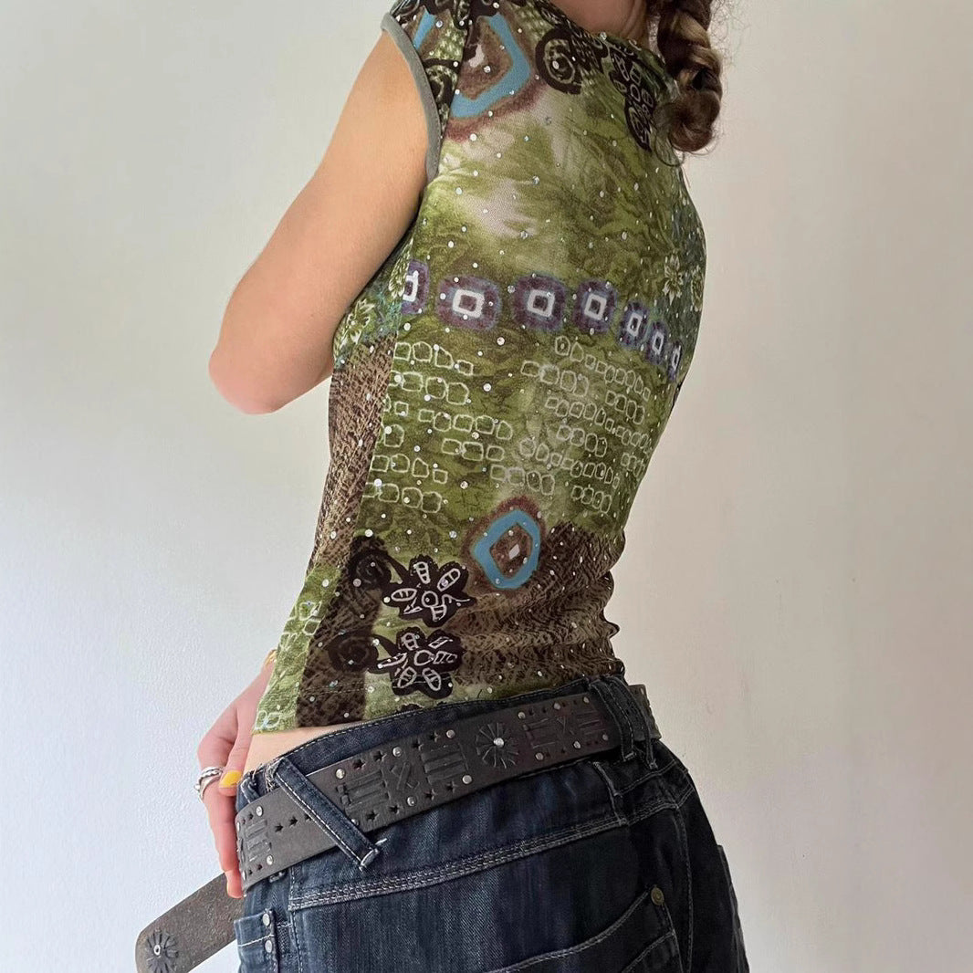 Women's Wizard Of Oz Deep Forest Vintage Printing Polo Collar Slim Stretch Graceful Wind Summer Short Sleeved Top