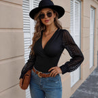 Chiffon Lace Stitching Solid Color Deep V Plunge Long Sleeve Top