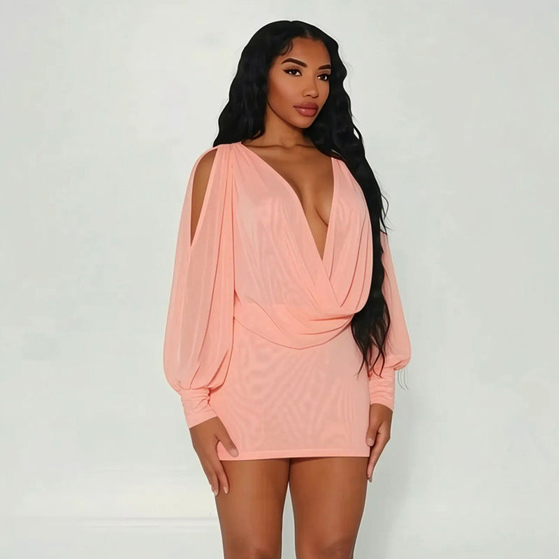 Women's Cowl Neck Backless Long Sleeve Mini Dress