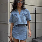 Women's Workwear Denim Summer V Top and Pants Two-Piece Set