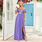 Women's Bandeau One-Shoulder Sequin Stitching Back Zip Bow Side Slit Long Dress