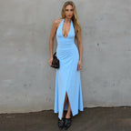V-Neck Solid Color Sleeveless Halter Lace-up Backless Pleated Waist Tight