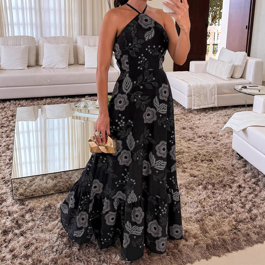 Women's Off-Shoulder Printed Halter Dress
