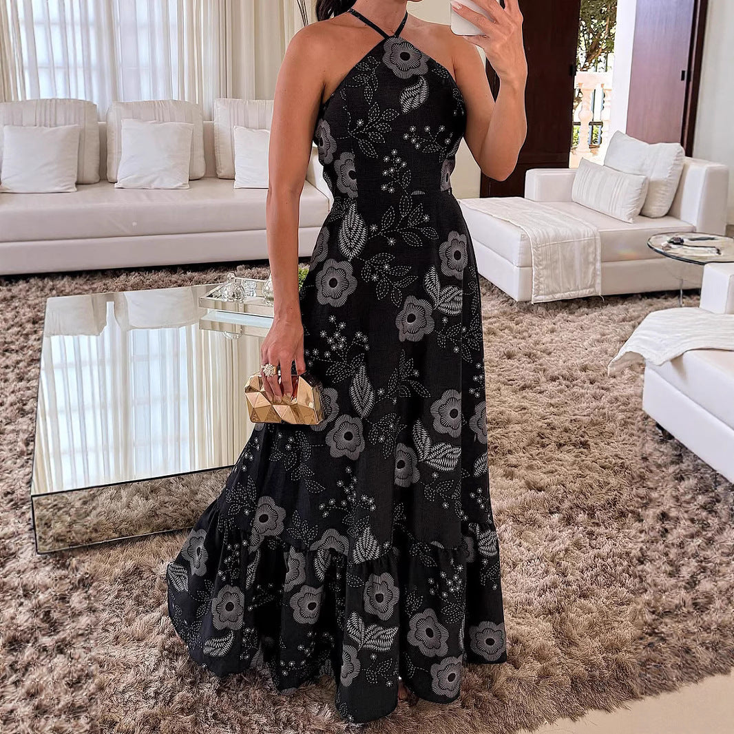 Women's Off-Shoulder Printed Halter Dress