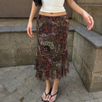 Retro Ethnic Print Wooden Ear Mesh Skirt Summer Niche