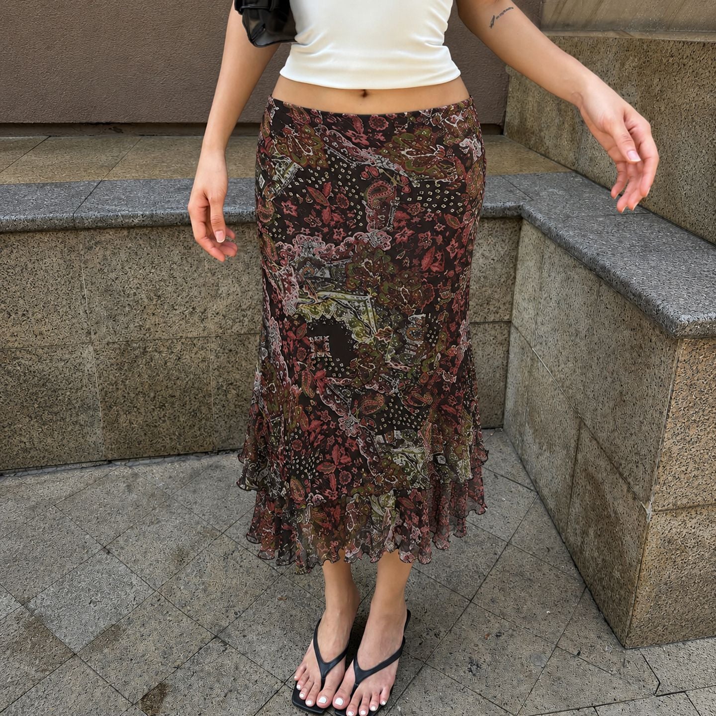Retro Ethnic Print Wooden Ear Mesh Skirt Summer Niche