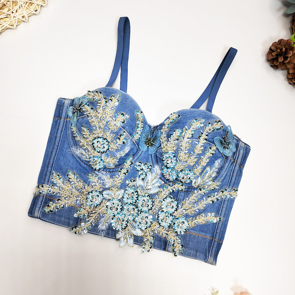 Women’s Beaded Denim Bustier Crop Top