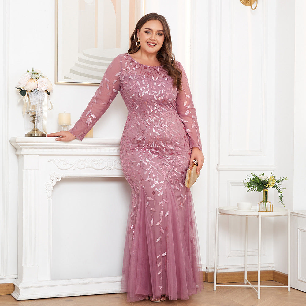 Women's Plus Size Long Sleeve Round Neck Lined Back Zip Fishtail Dress