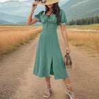 Lace Patchwork Dress Summer Women Square Collar Split Jacquard Dress