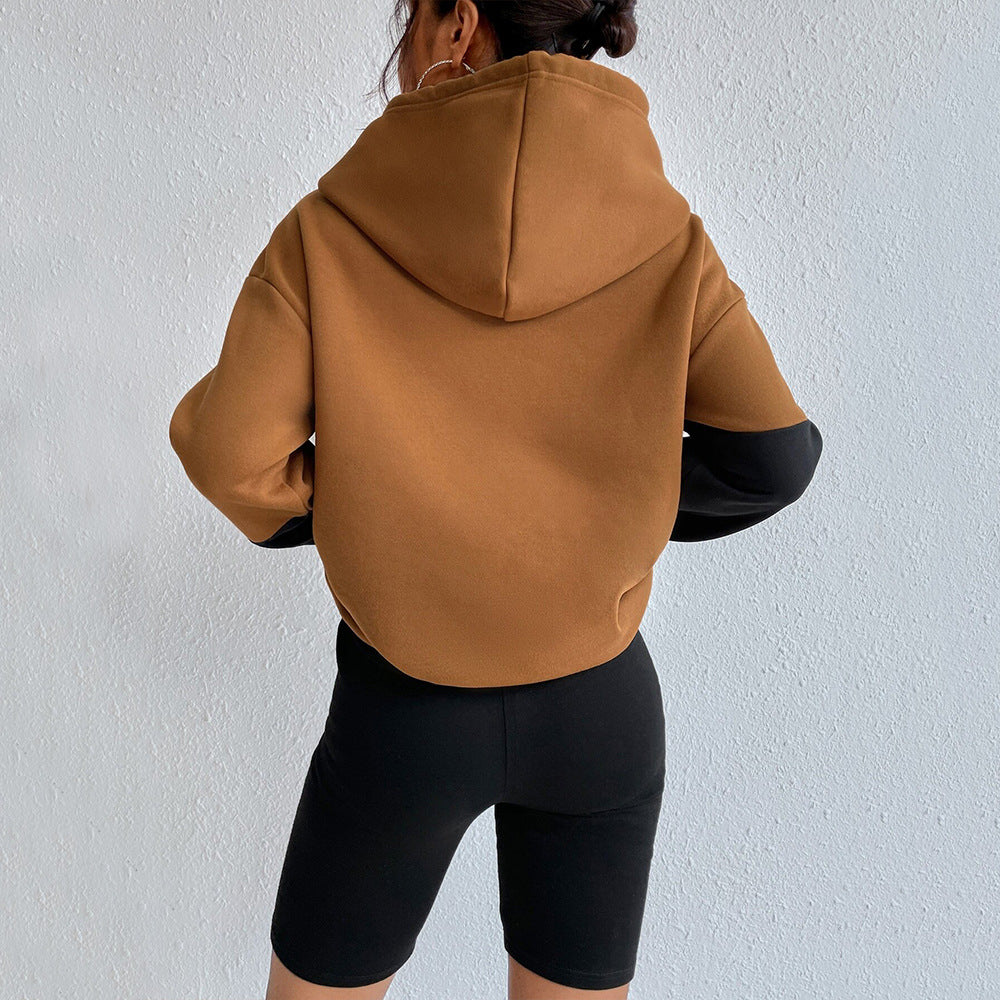 Loose Street Sweatshirt Contrast Color Hooded Long Sleeve Top