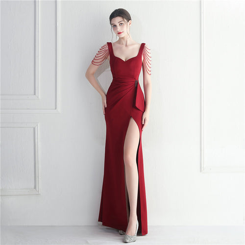 Women's Beaded Car Model Bridesmaid Performance Wedding Long Slit Evening Dress