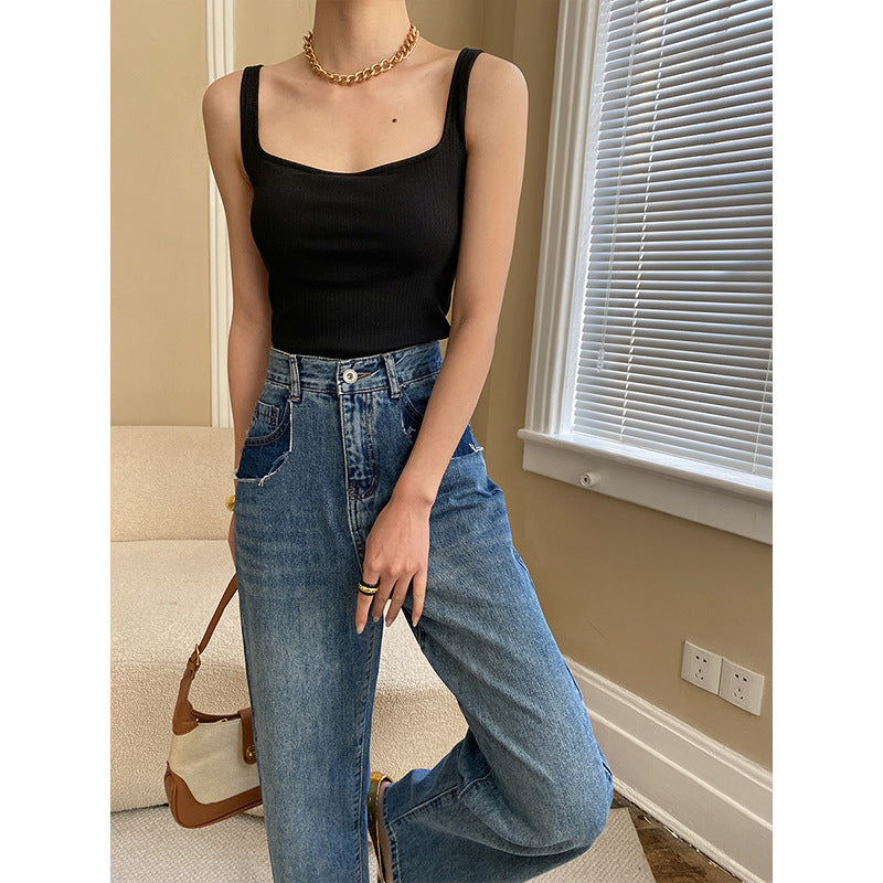 's Comes With Chest Pad French Square Collar Wide Shoulder Strap