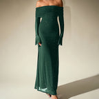 Women's Silver Mesh Off-Shoulder Long Sleeve Maxi Dress
