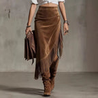Retro Western Irregular Asym Design Suede Skirt Solid Skirt