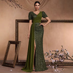 Elegant Sequin Patchwork Fitted V Neck Short Sleeve Chic Glamorous Regal Formal Evening Gown For Cocktail Parties Banquets
