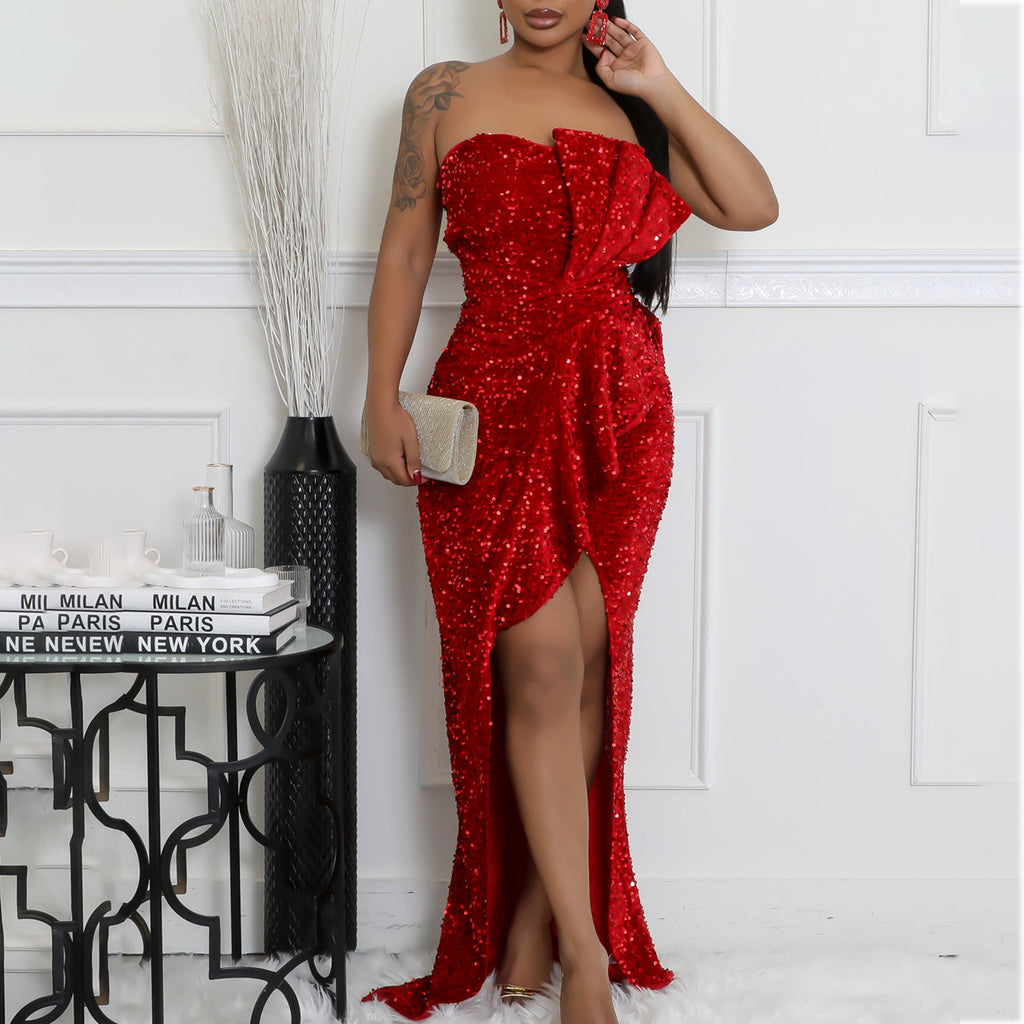 Elegant Lady off the Shoulder Sexy Slim Long Sleeve Dress Sequined Dress