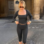 Women's Long-Sleeve Top and Yoga Shorts Set