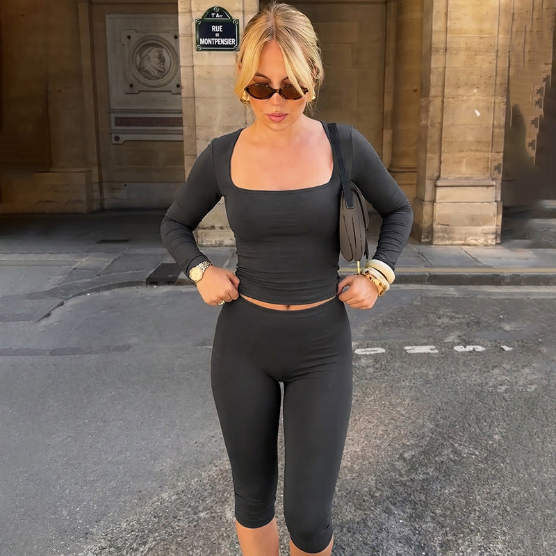 Women's Long-Sleeve Top and Yoga Shorts Set