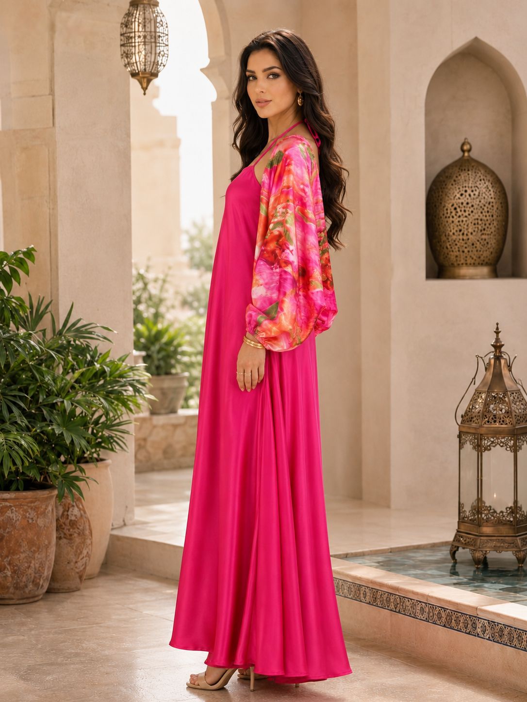 Women's Coral Red Floral Halter Maxi Dress
