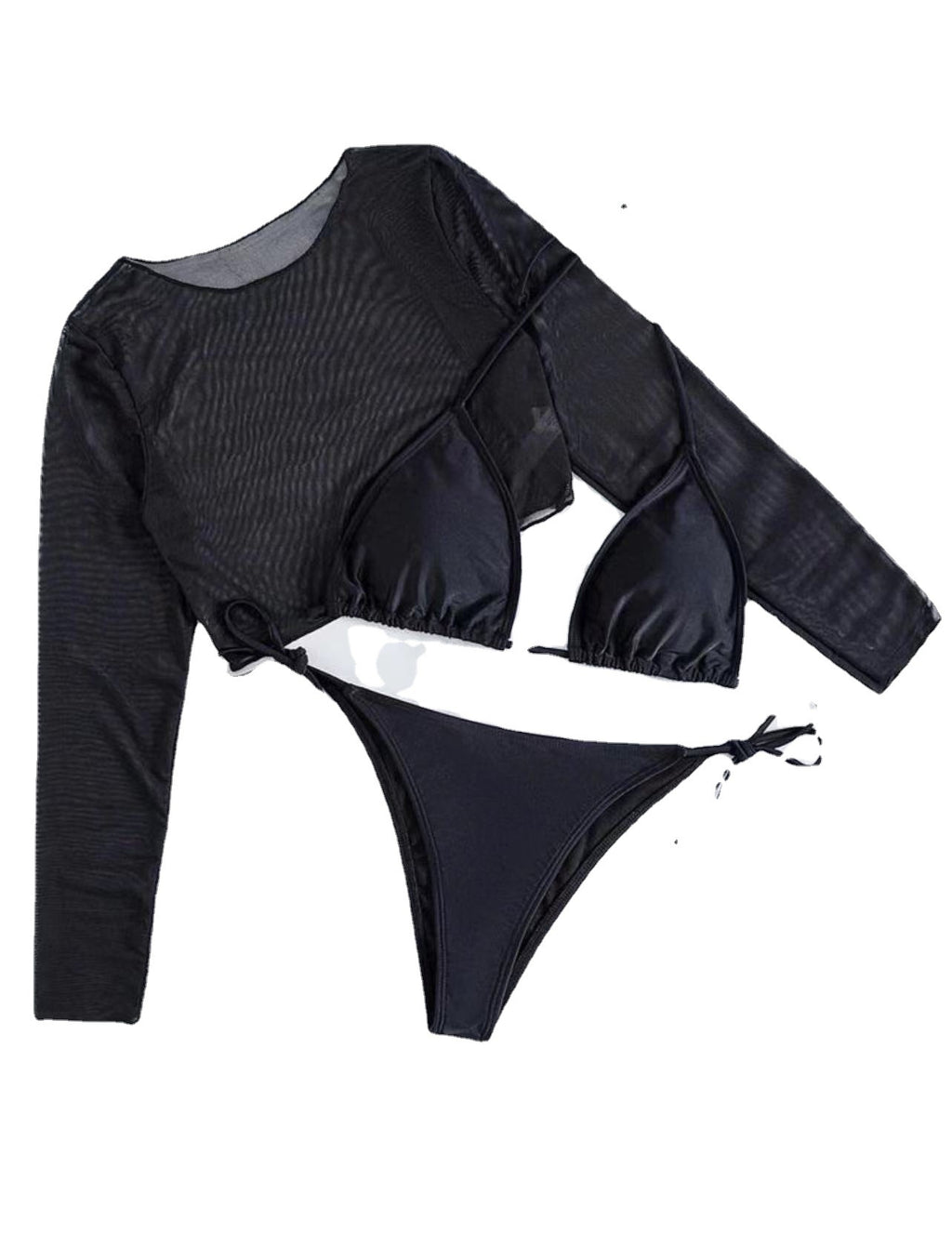 Three-piece black bikini swimwear set with long-sleeve sheer top and tie-side bikini bottom