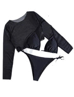 Three-piece black bikini swimwear set with long-sleeve sheer top and tie-side bikini bottom