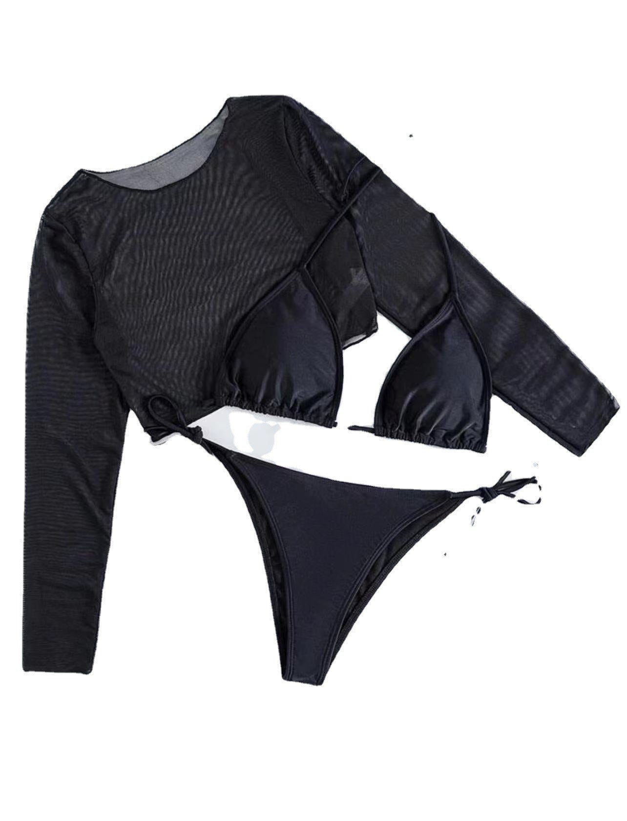 Three-piece black bikini swimwear set with long-sleeve sheer top and tie-side bikini bottom