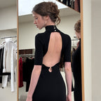 Women's Summer Women Clothing French Half Turtleneck Backless Waist Trimming Dress
